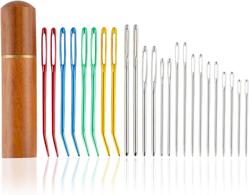 ABEJFIC 24pcs Large Eye Sewing Needles Kit, Stainless Steel Blunt Darning Needles & Bent Tapestry Needles & Sharp Hand Knitting Needles with Wooden Case,Perfect for Crochet/Darning/Yarn/Embroidery Projects - Image 1